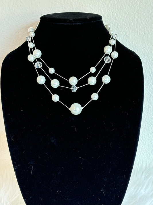 #0092 Silver Toned Pearl and Beaded Multi-Layered Necklace