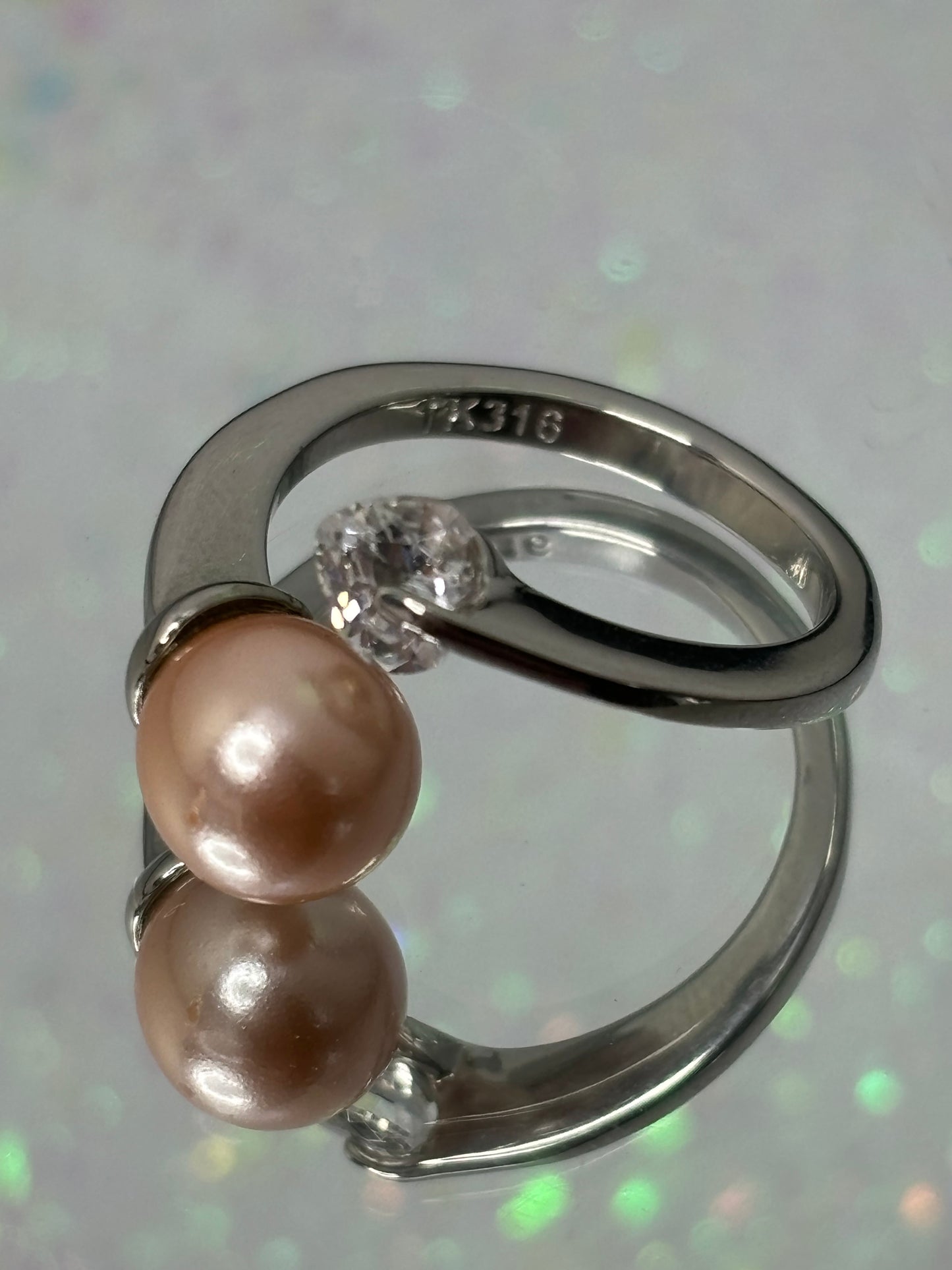 A023 Stainless Steel 0.5ct Topaz and Peach Pearl Ring 5.5