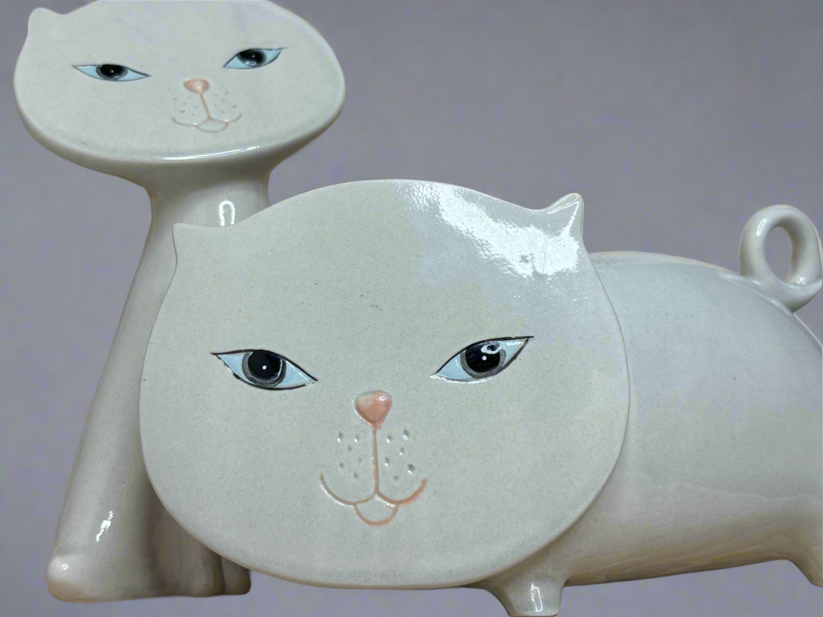 Set Of Two MCM Vintage Flat Face Ceramic Cats