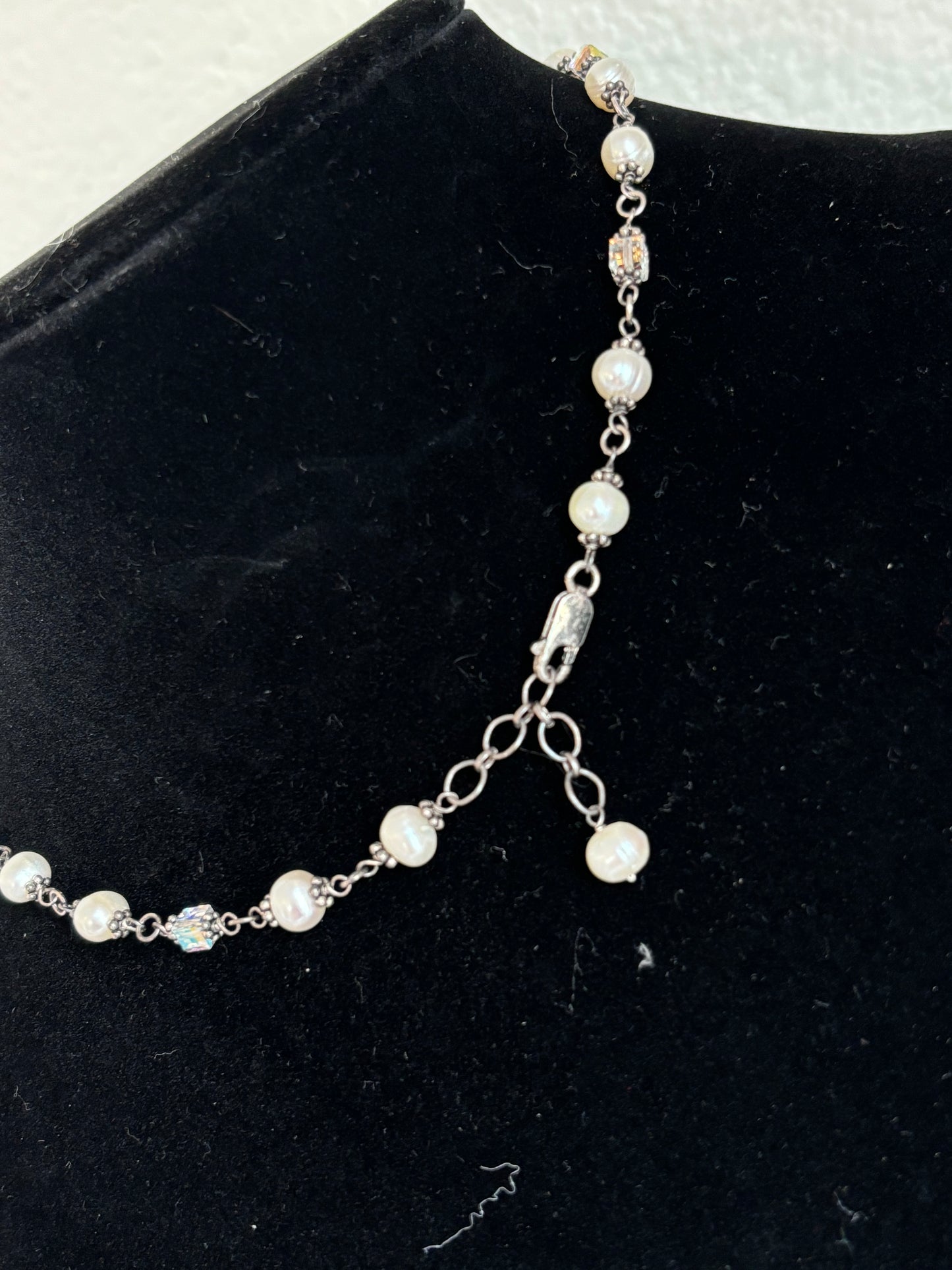 #0110 Vintage Dainty Silver Toned Pearl and Crystal Necklace