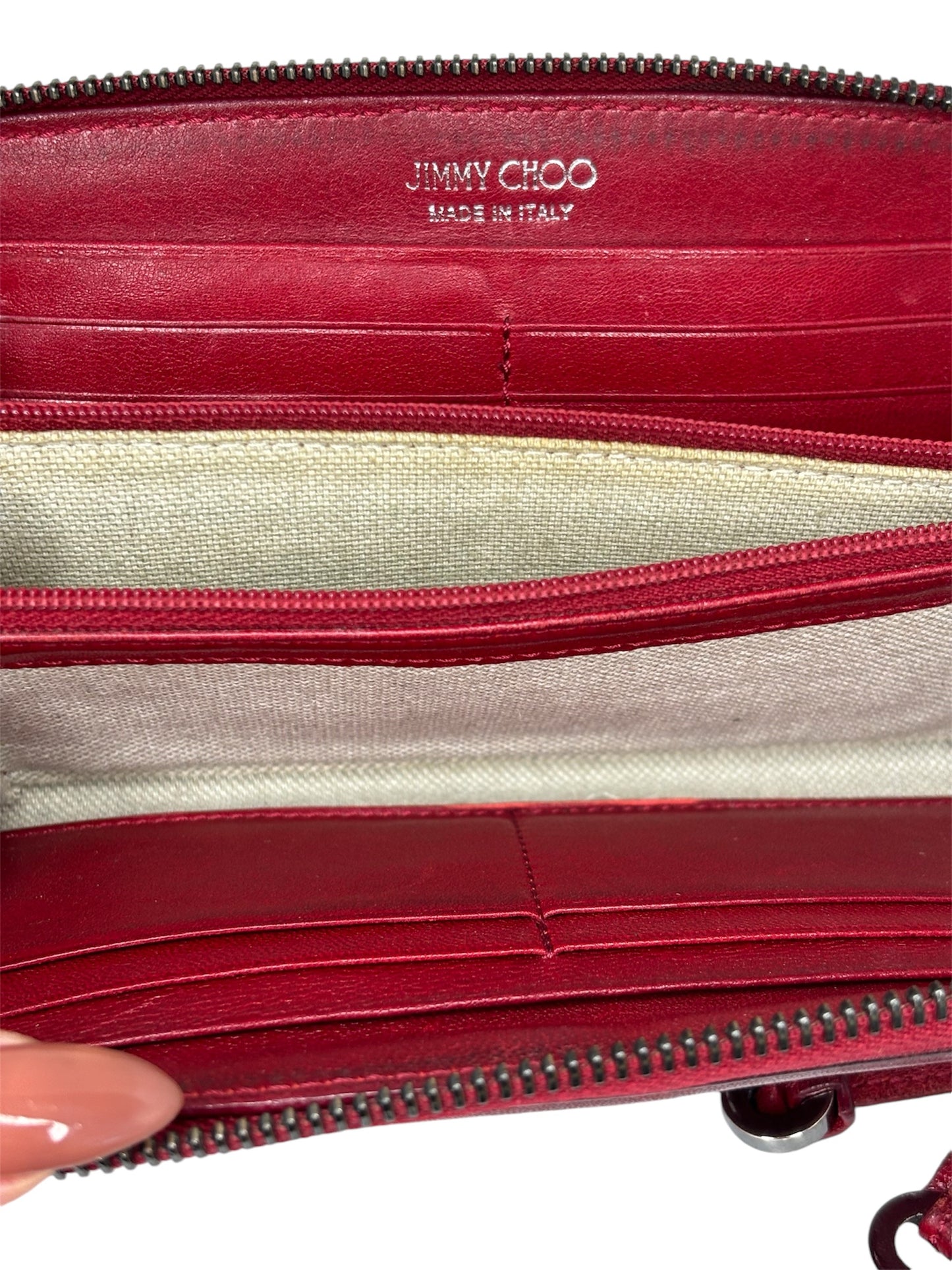 Authentic Jimmy Choo Rebel collection, mid-2010s Red Star-Studded Leather Zip-Around Wallet