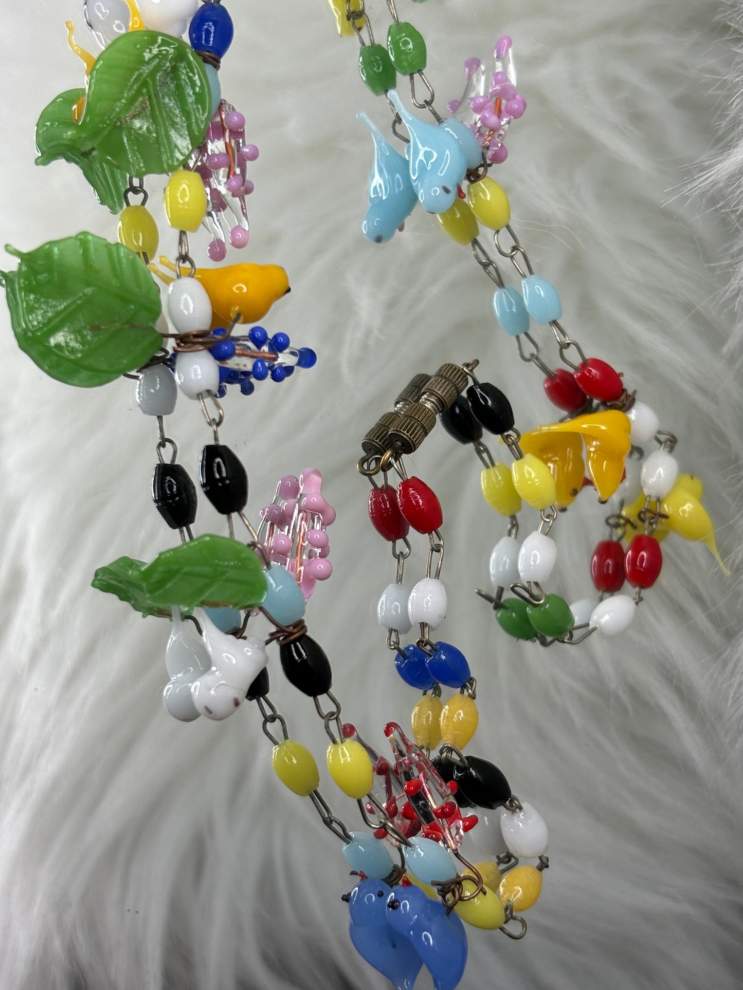 A142 Vintage Murano Glass Colorful Birds - Leaves - and Blossoms Necklace c1930s