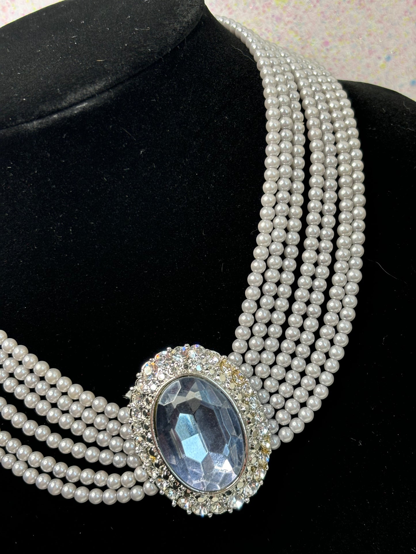 #0006 Stunning Pearl and Large Light Blue Crystal Necklace