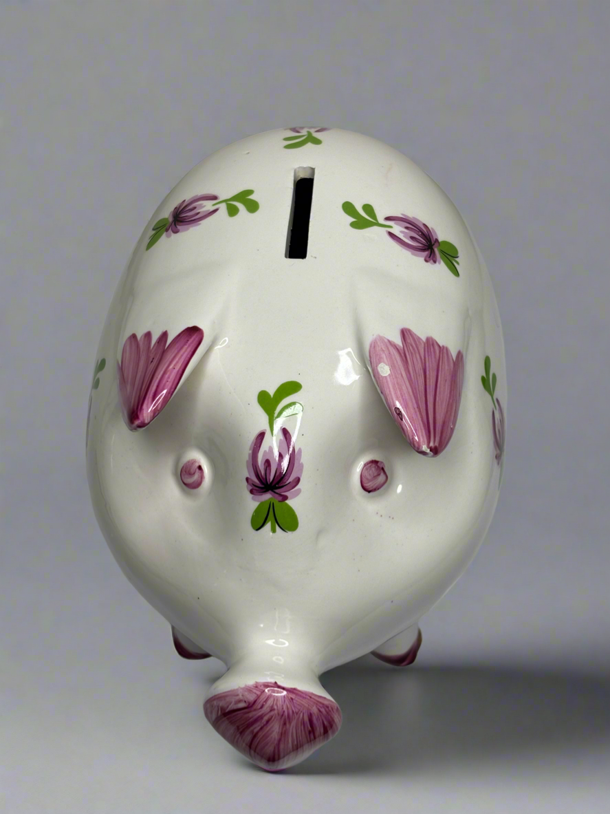 Vintage Ceramic Piggy Bank Hand Painted Pink Flowers