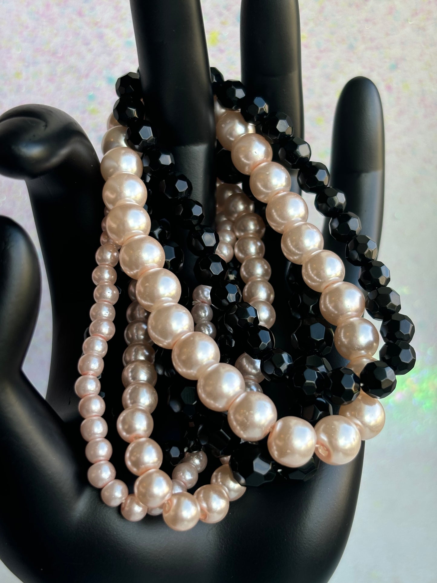 #0072 Stack of Black & Pink Pearls/Beads