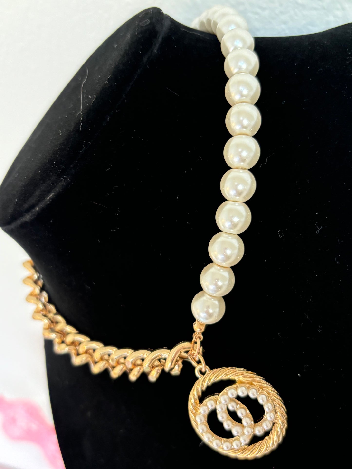 #0012 Gold Toned Chain and Pearl Necklace with Rhinestone Pendant