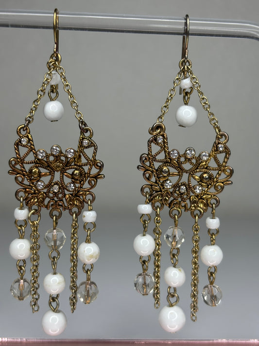 Vintage Gold Tone with White Beads Earrings