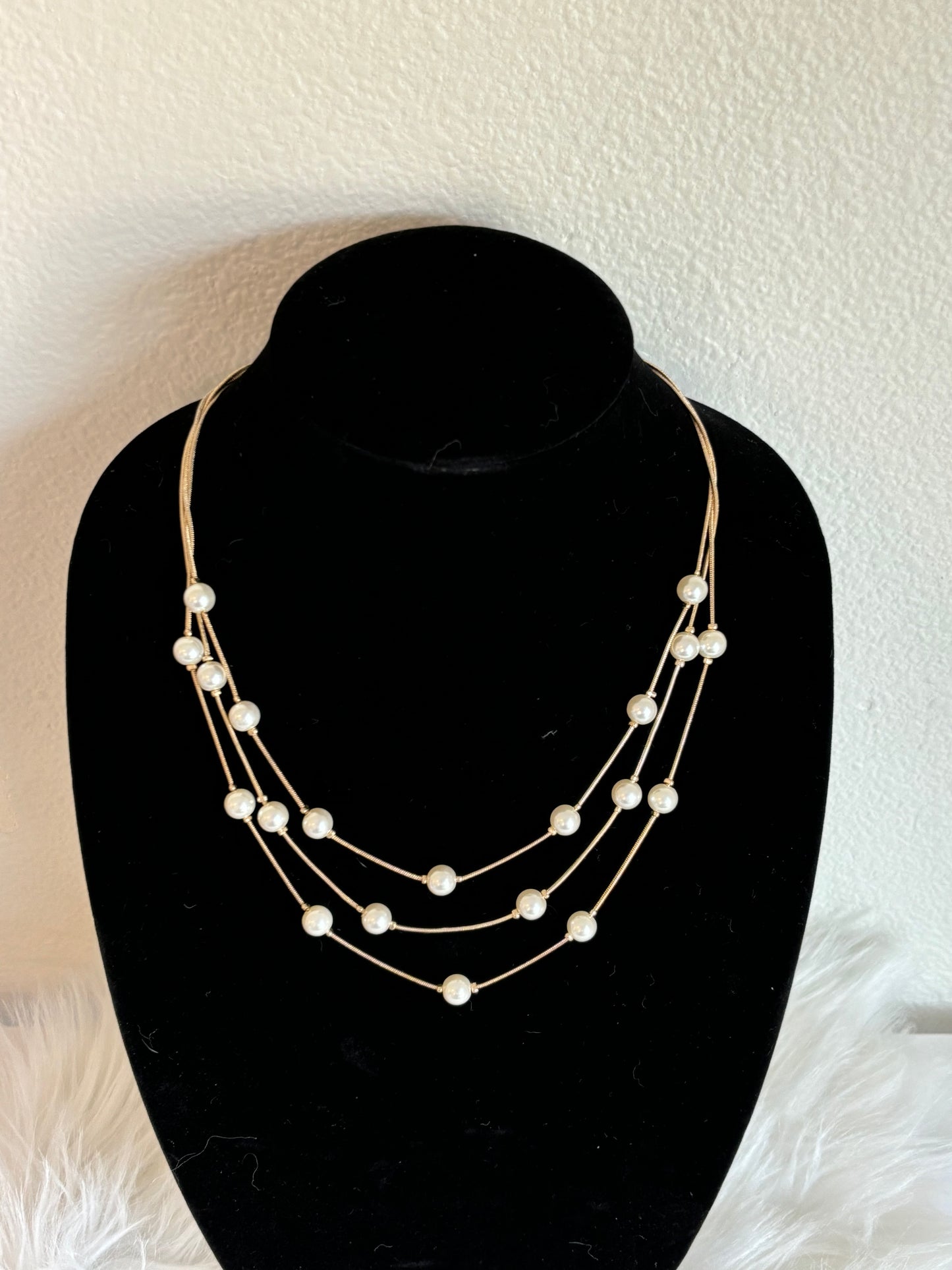 #0084 Elegant Gold Tone and Pearl Multi-Layer Necklace