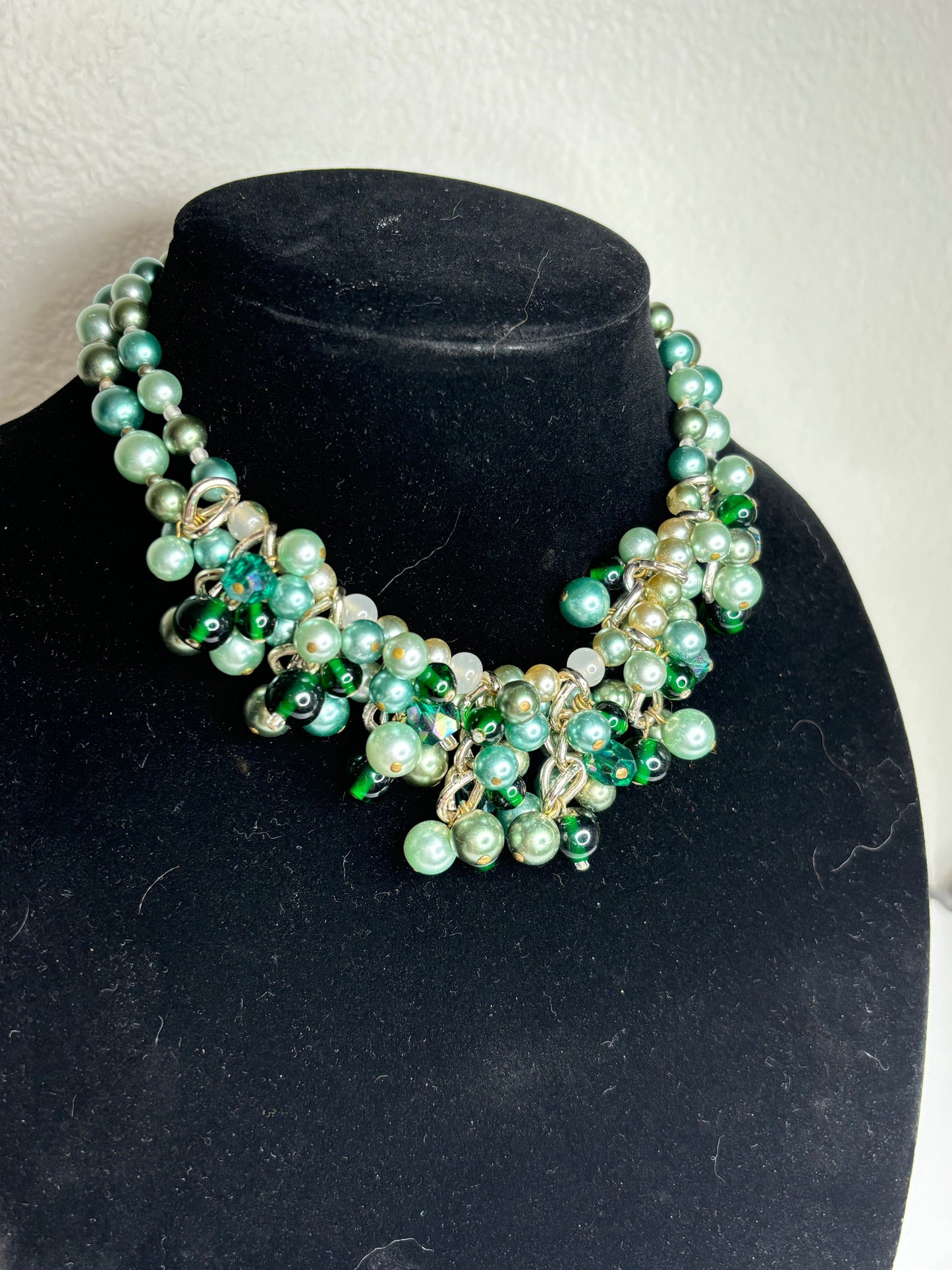 Vintage “Japan” Stamped Green Faux Pearl Chunky Necklace