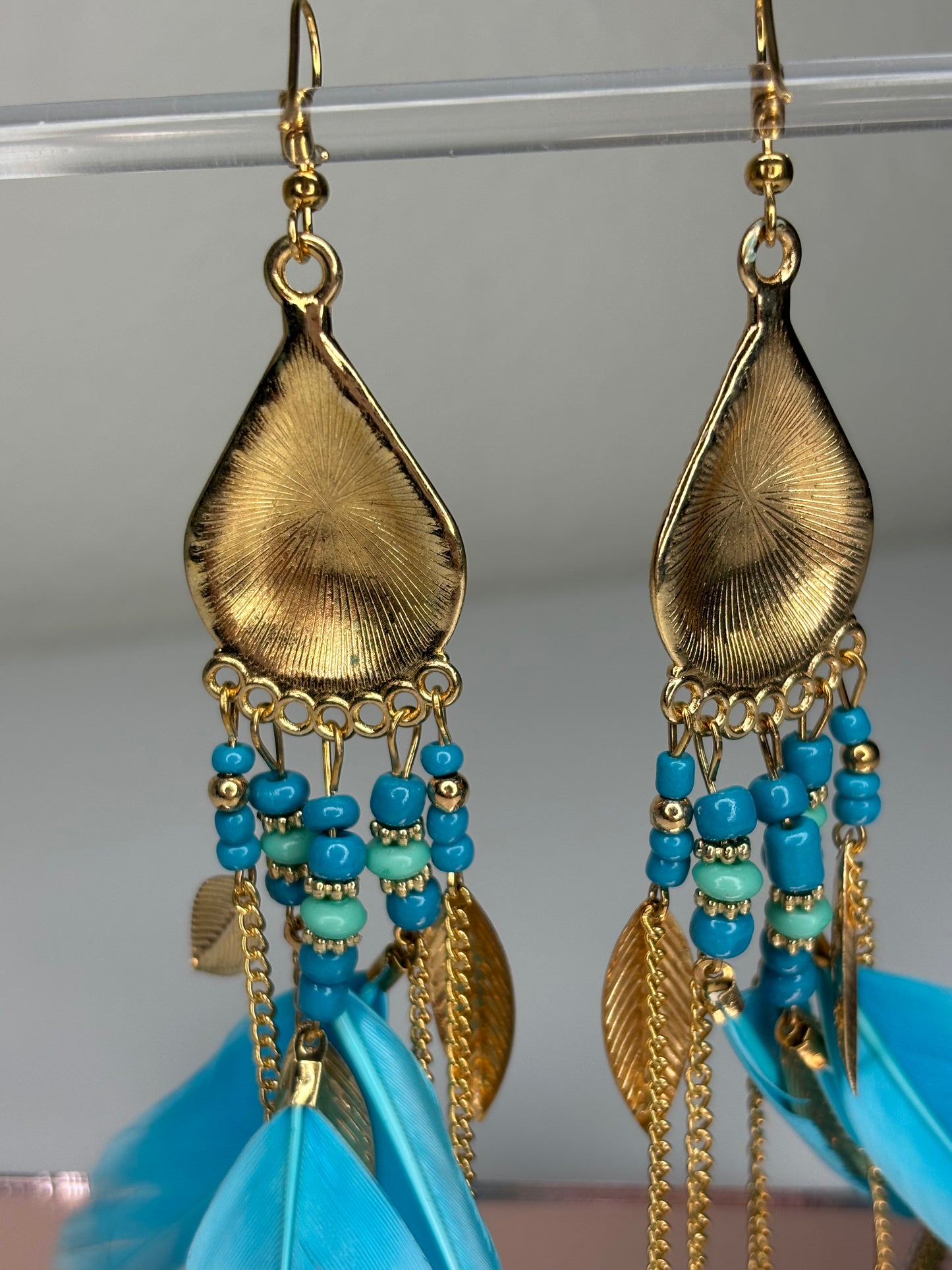 Long 4” Gold Tone and Feather Earrings