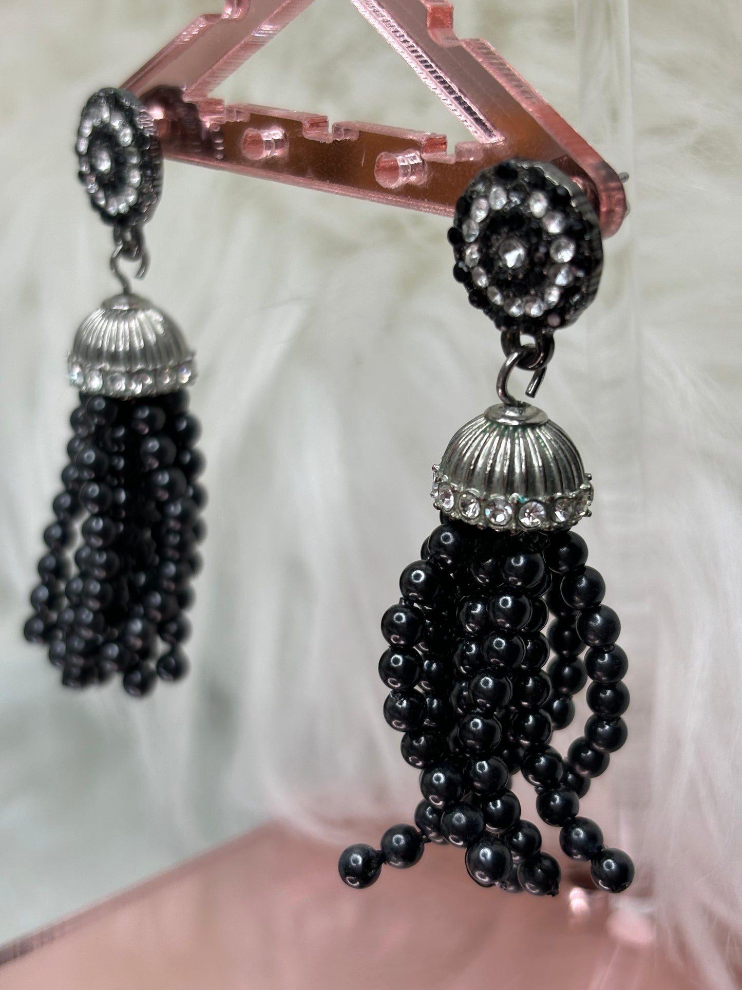 A151 Black Beaded Tassel Silver Tone Earrings