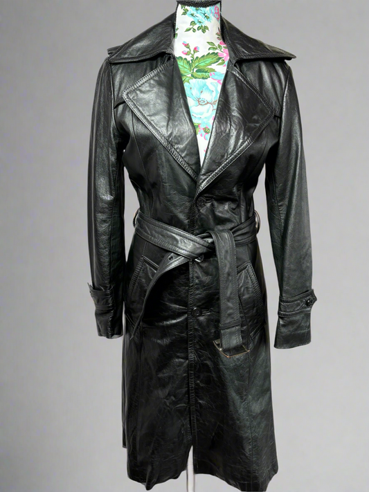 1980s Imperial Black Genuine Leather Trench Coat - Made in Korea, XS