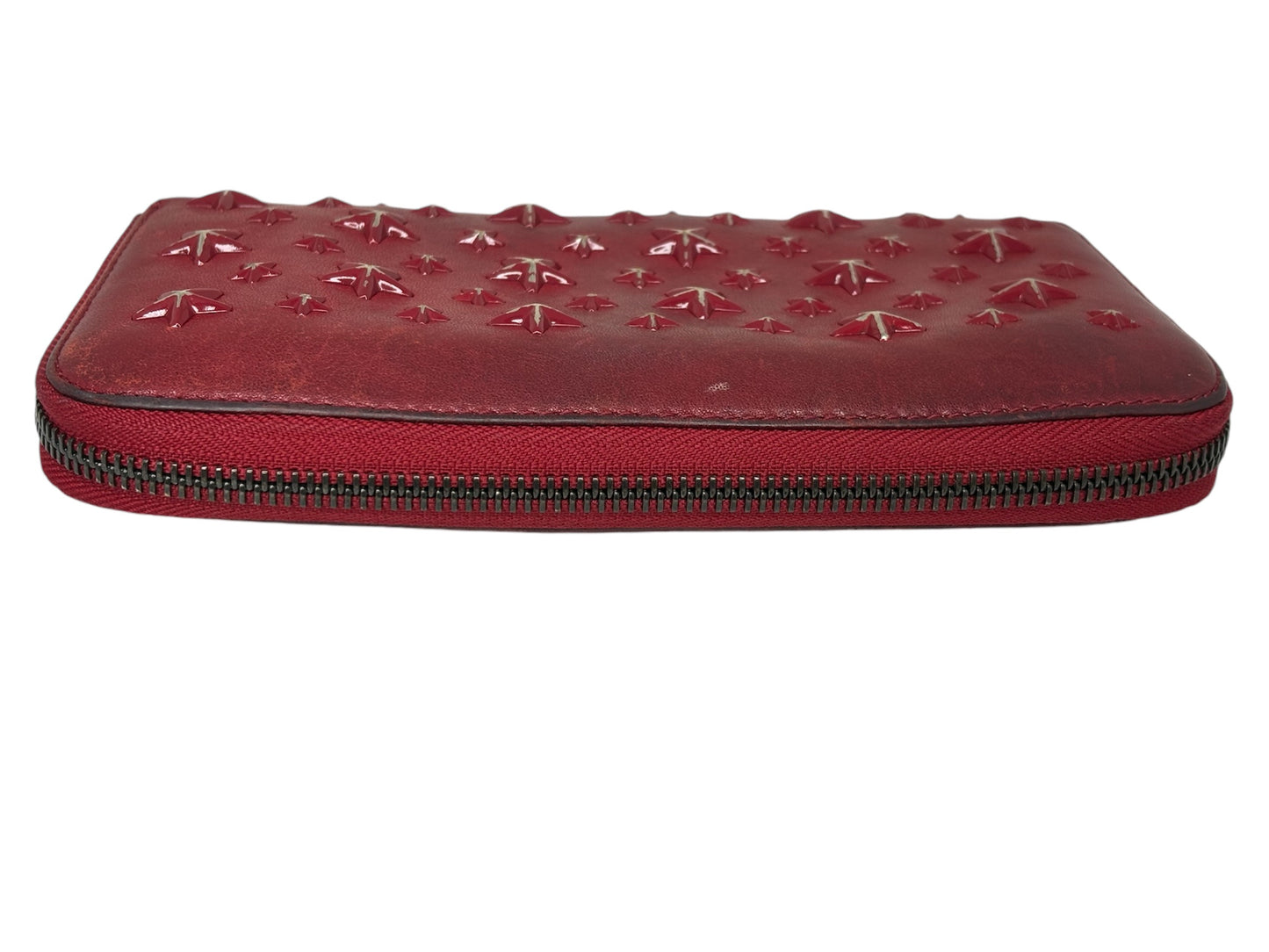 Authentic Jimmy Choo Rebel collection, mid-2010s Red Star-Studded Leather Zip-Around Wallet