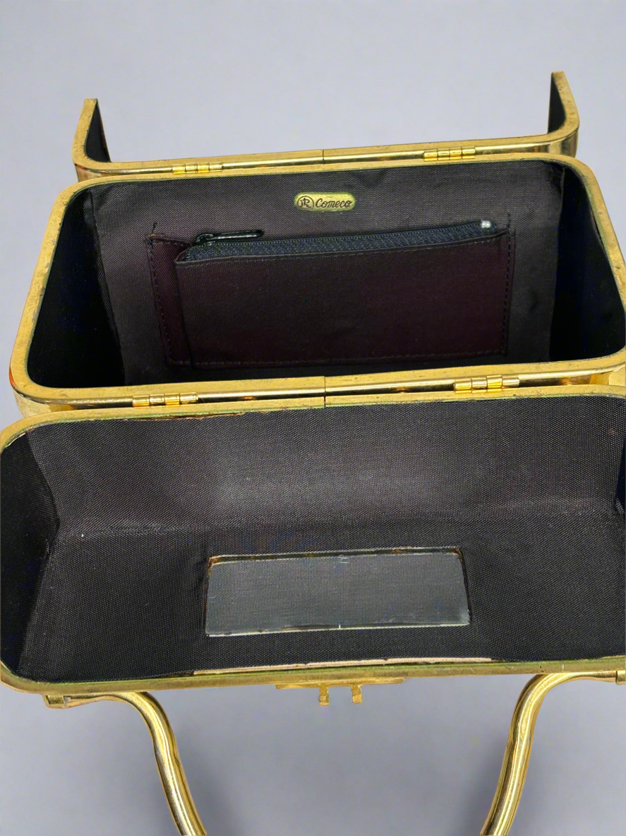 Vintage 1950/1960s Cameco Black and Gold Train Case/Trunk Style Handbag Retro Hard Sided Luggage Small Trunk Bag