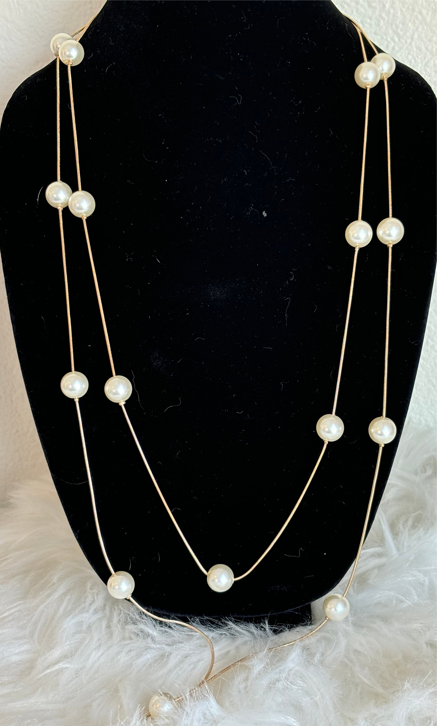 #0002 36” Gold Tones Pearl Two Layered Necklace