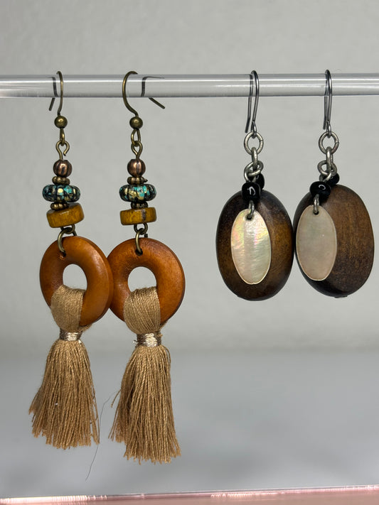 Wood and Beaded Drop Earrings