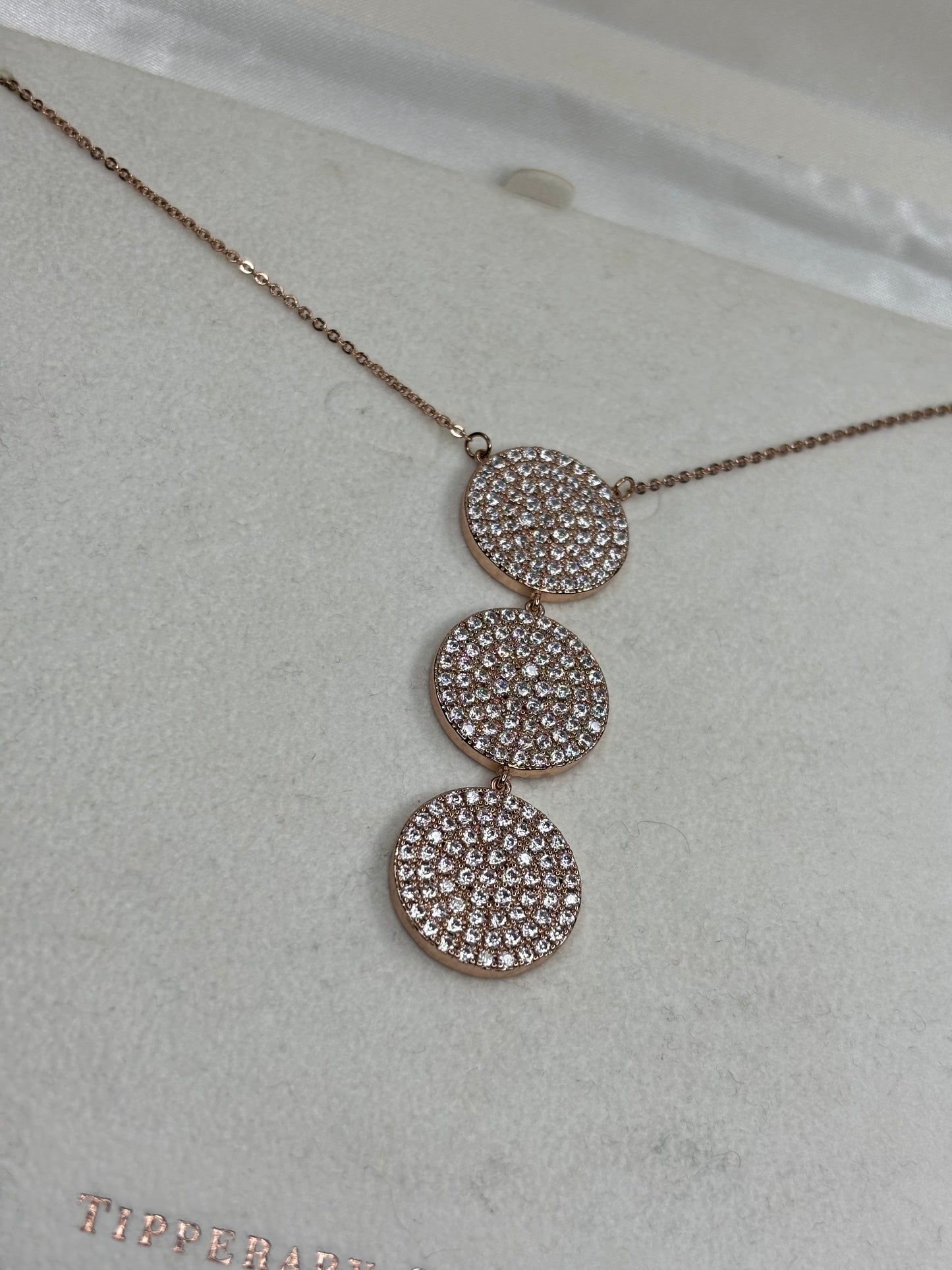 Tipperary Crystal Rose Gold Three Pave Circles Necklace with Original Box