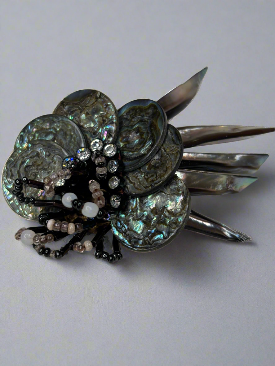 A218 Vintage Abalone and Beaded  Brooch