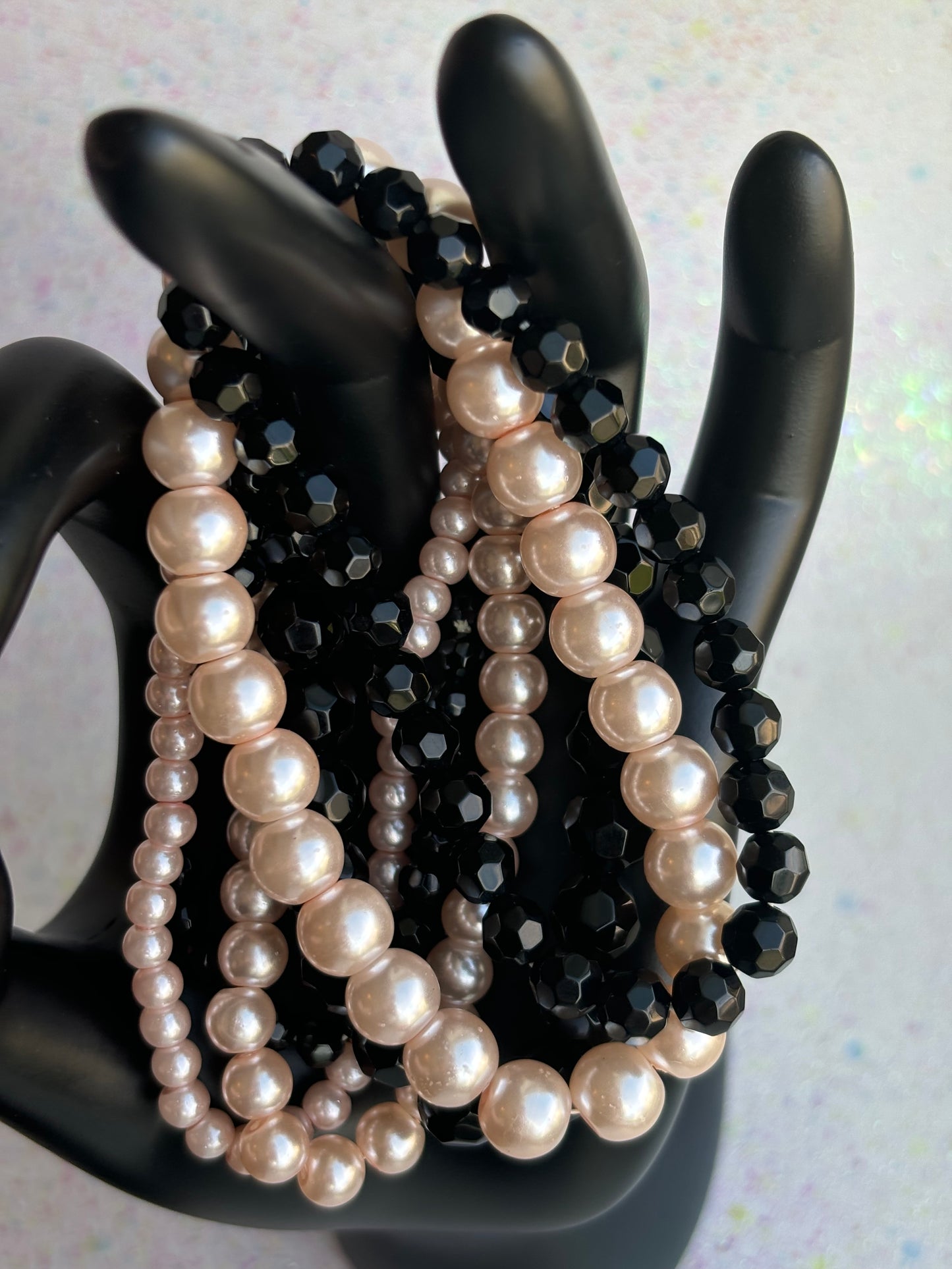 #0072 Stack of Black & Pink Pearls/Beads