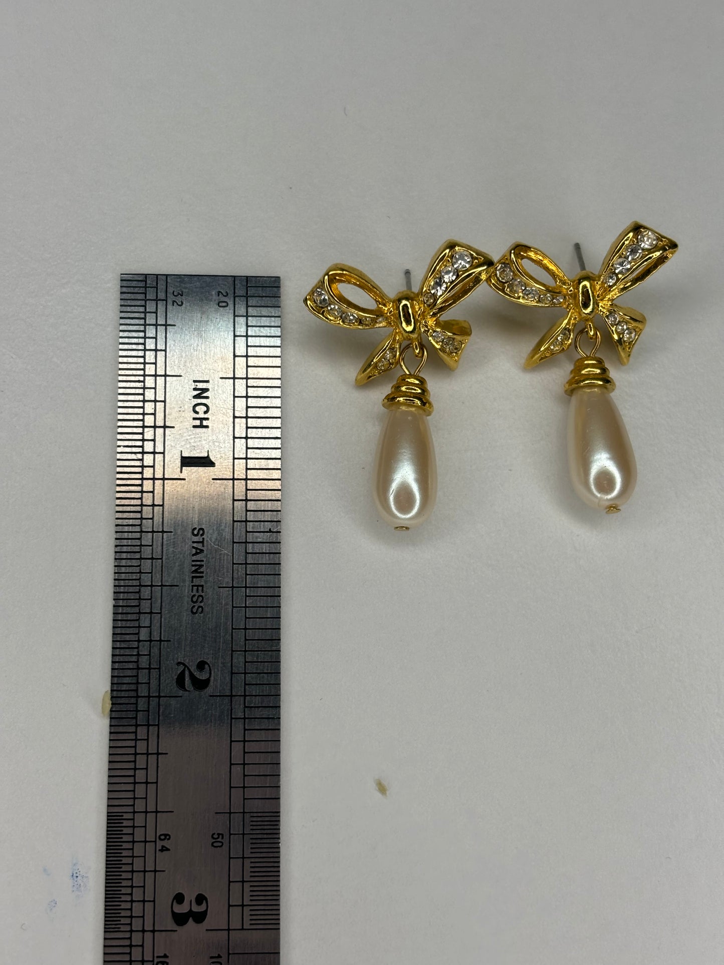 Gold Tone Bow and Pearl Earrings