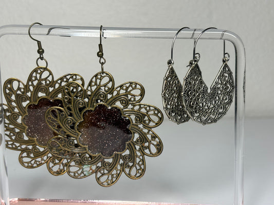 Set of Large Metal Gold Tone Earrings and Silver Tone Earrings