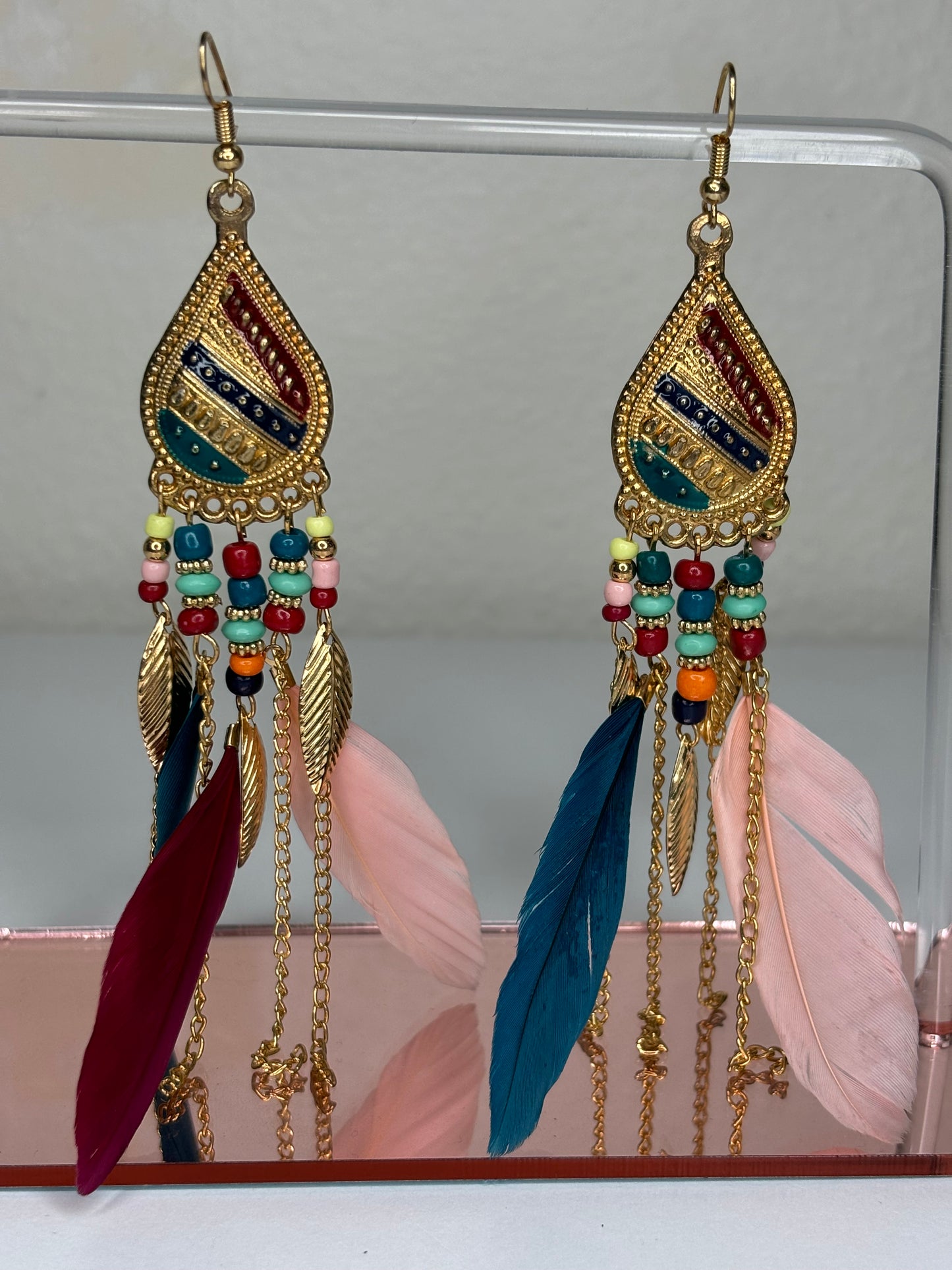 B038 Long 4” Gold Tone and Feather Earrings