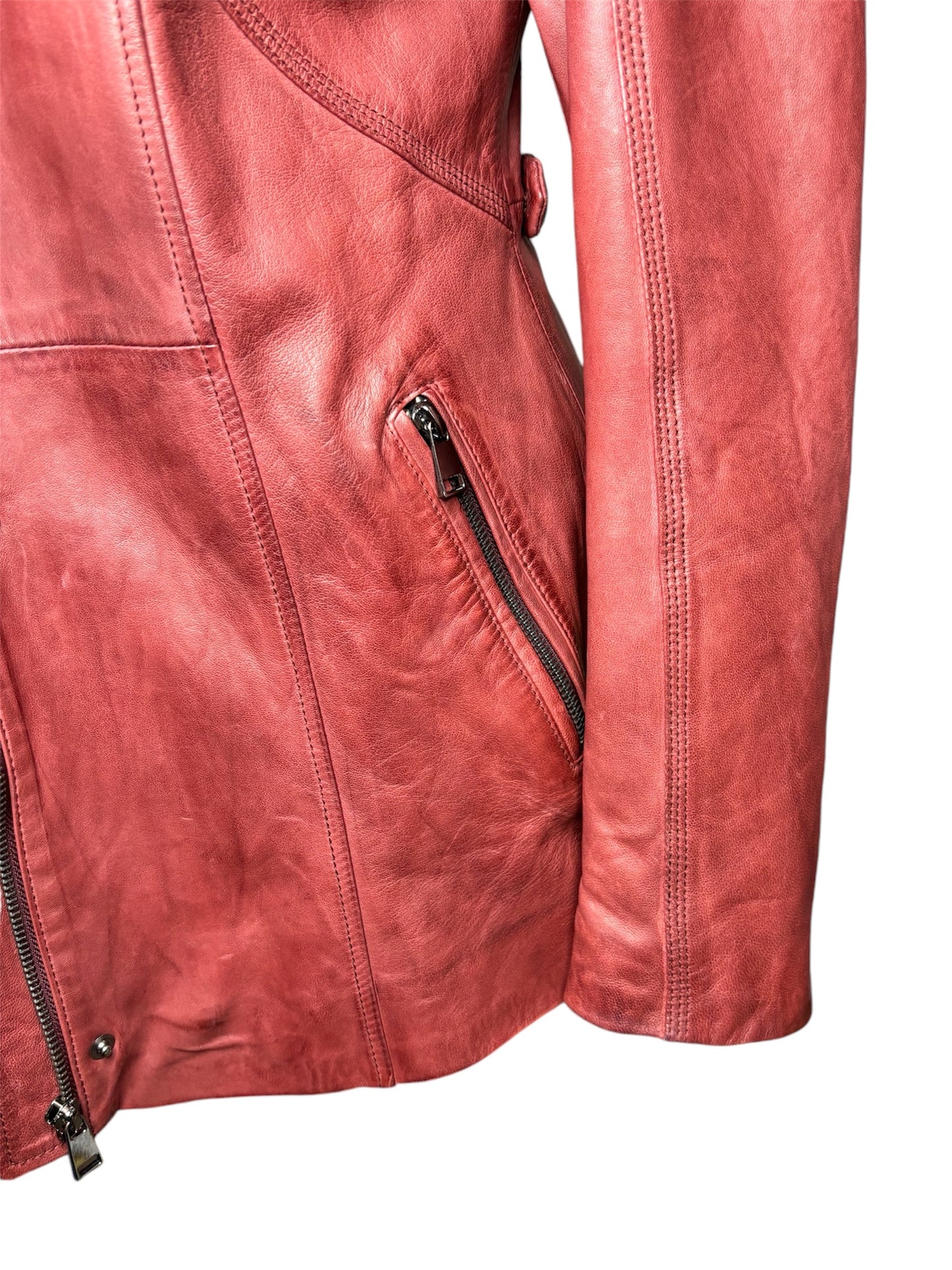 Derimod Red Turkish Leather Jacket with Removable Fur Collar Sz-M/L