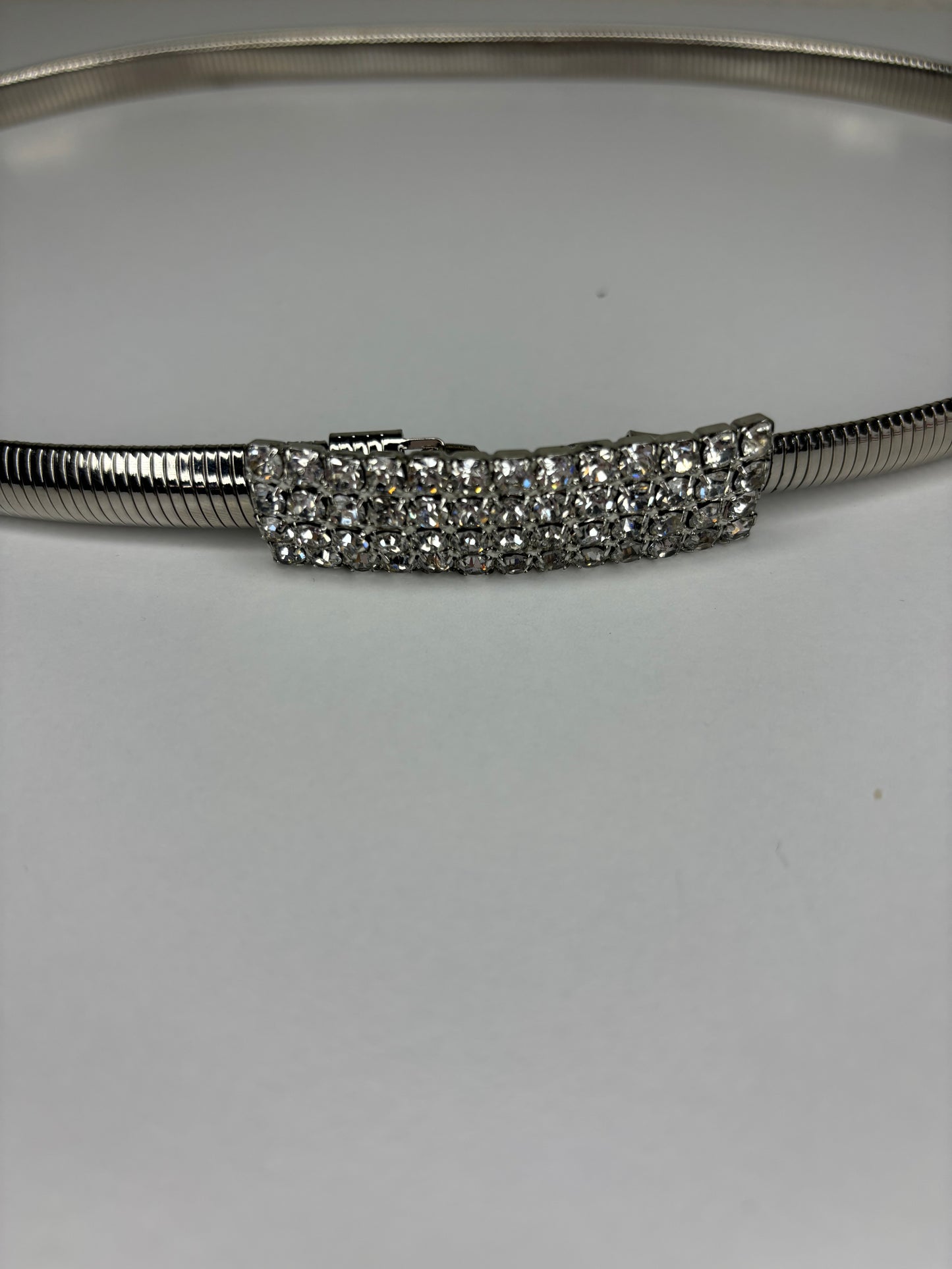 Stretch Clip Silver Toned Belt With Rhinestone Clasp