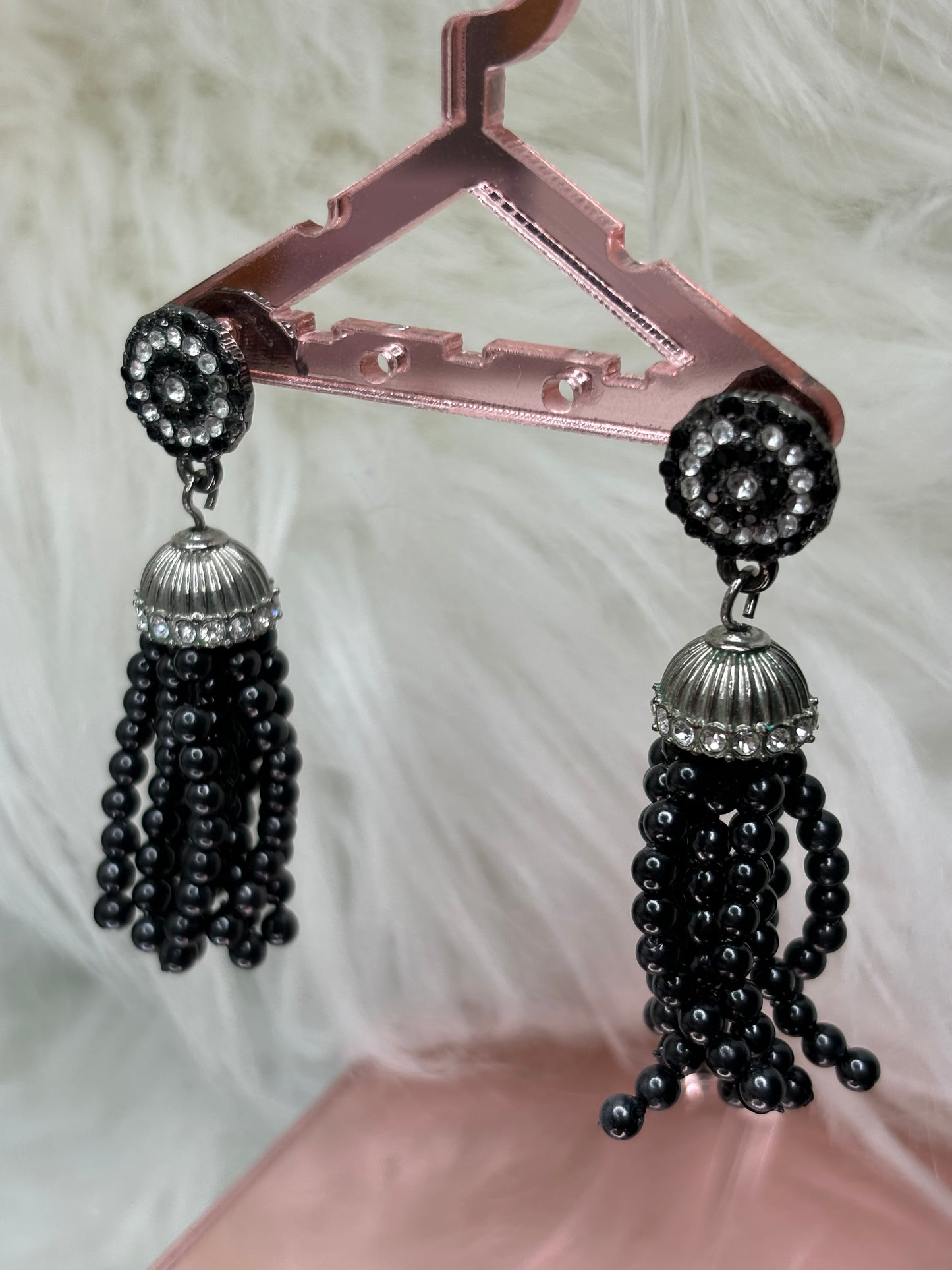 A151 Black Beaded Tassel Silver Tone Earrings