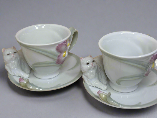 Set of Persian Cat with Iris Flower Tea Cups Ceramic