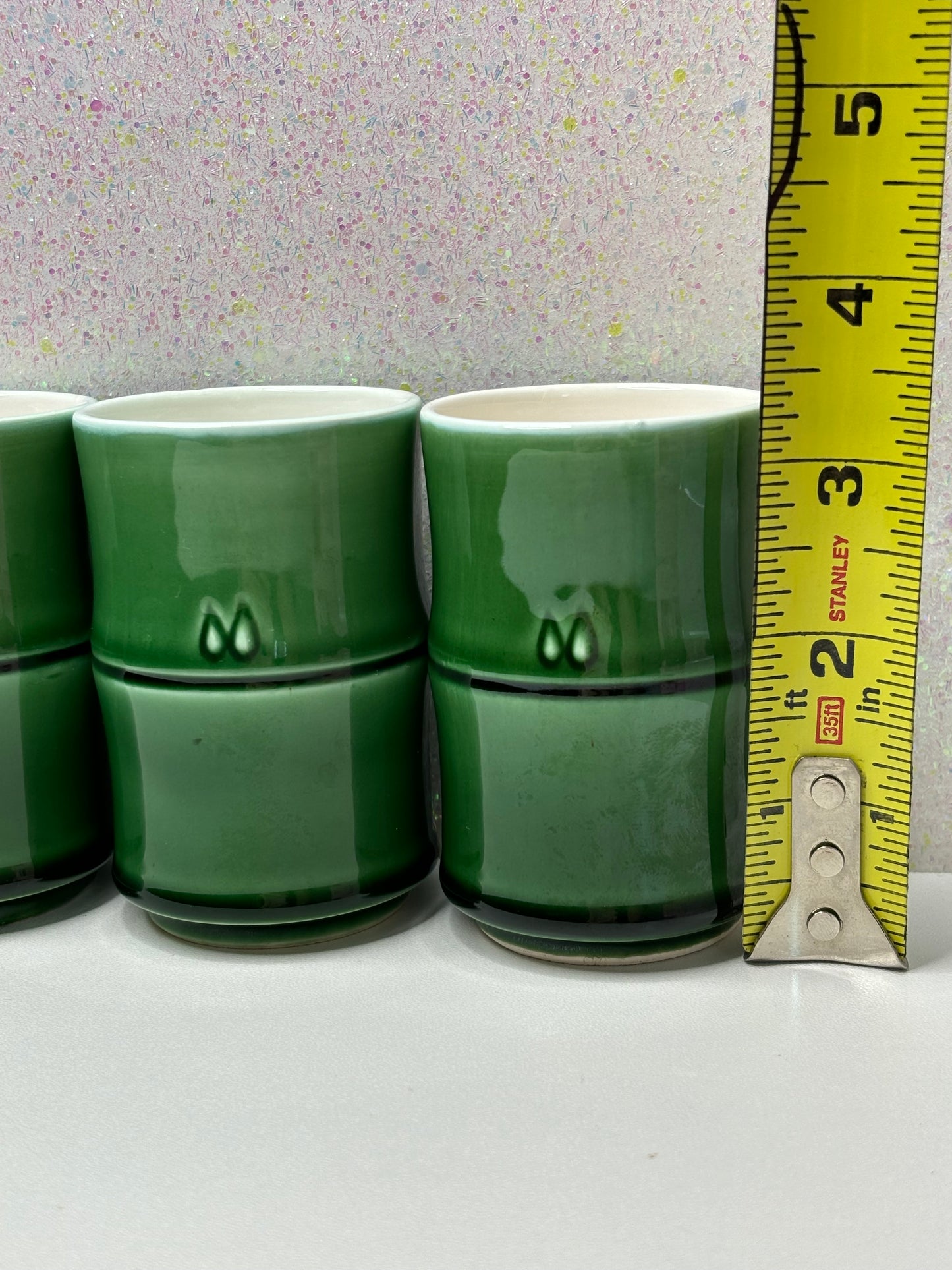 A015 Set of Four Japanese Ceramic Yunomi Teacup Vintage Pottery Bamboo Green