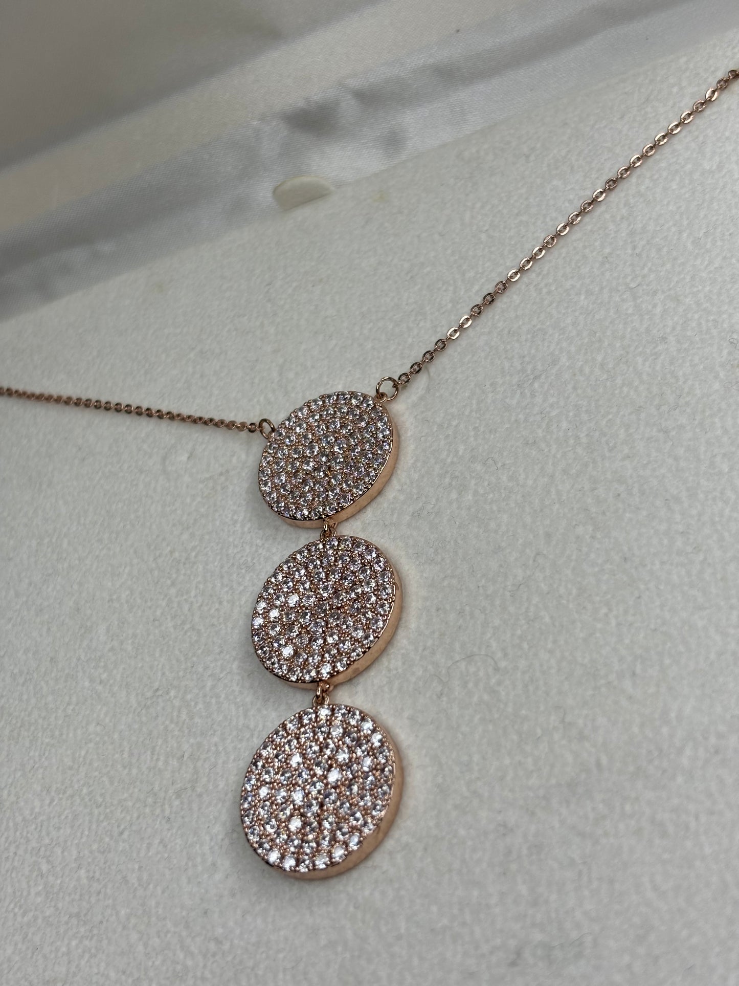 Tipperary Crystal Rose Gold Three Pave Circles Necklace with Original Box