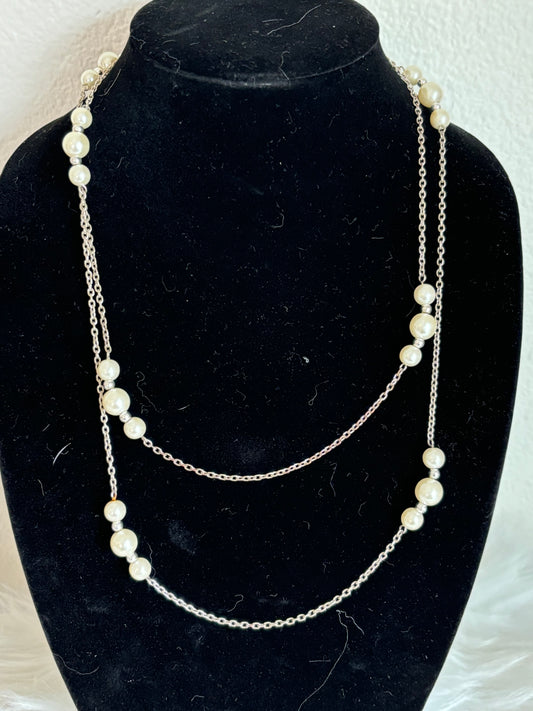 #0148 Long 48” Silver Toned Pearl Necklace