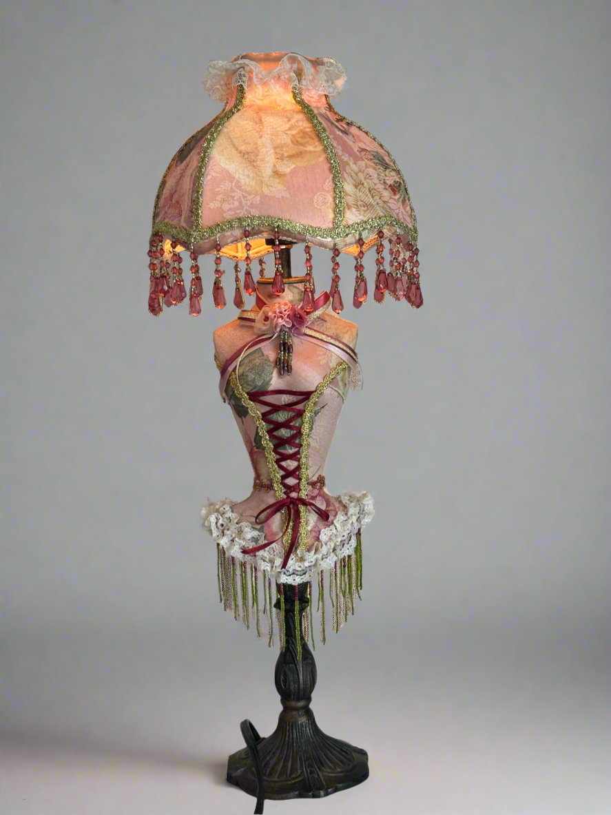 Ladies Figure Form with Beads Pink Vintage Lamp