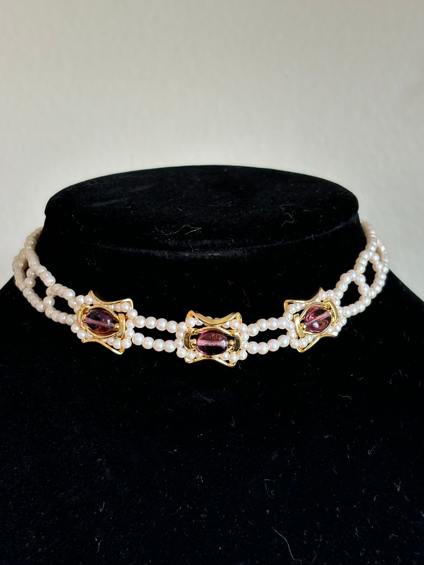 #0013 Gold Toned and Pearl Choker with Purple Glass Beads