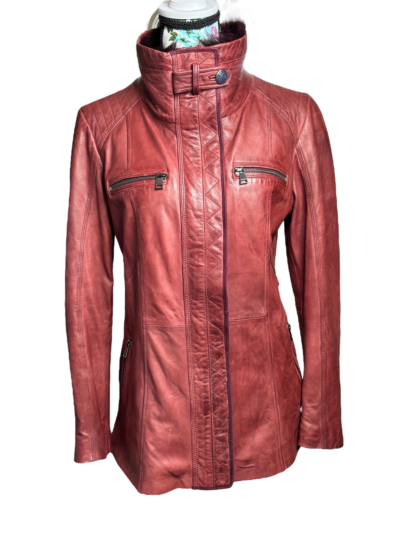 Derimod Red Turkish Leather Jacket with Removable Fur Collar Sz-M/L