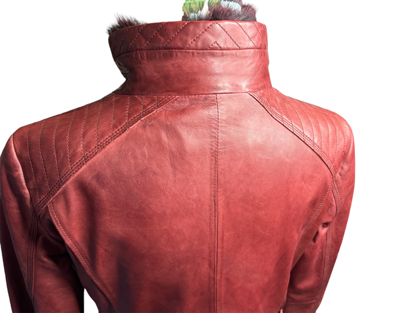 Derimod Red Turkish Leather Jacket with Removable Fur Collar Sz-M/L