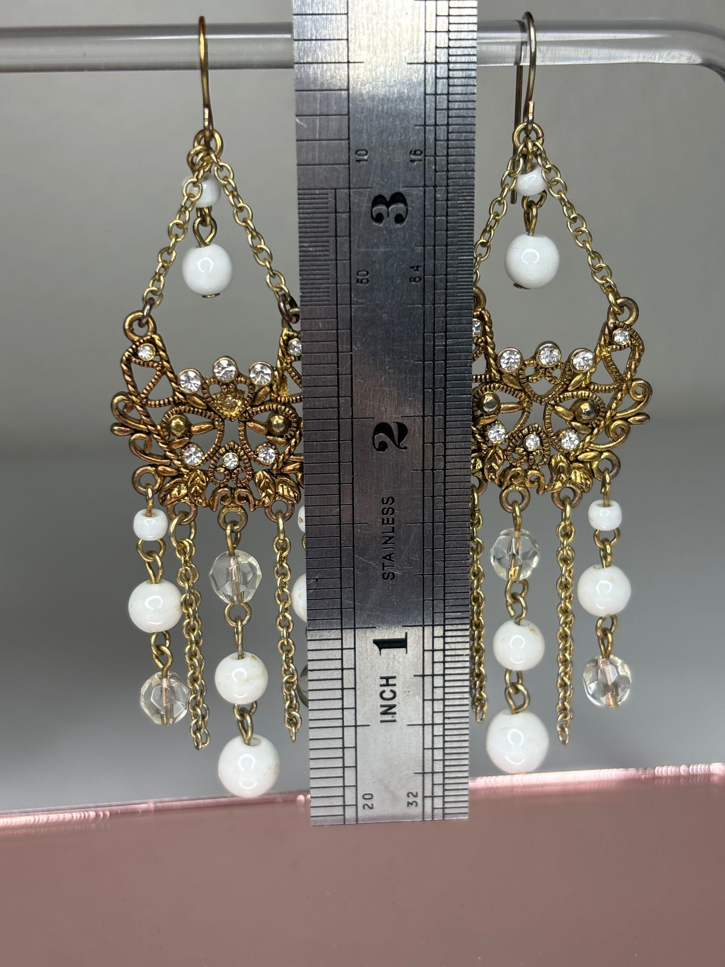 Vintage Gold Tone with White Beads Earrings