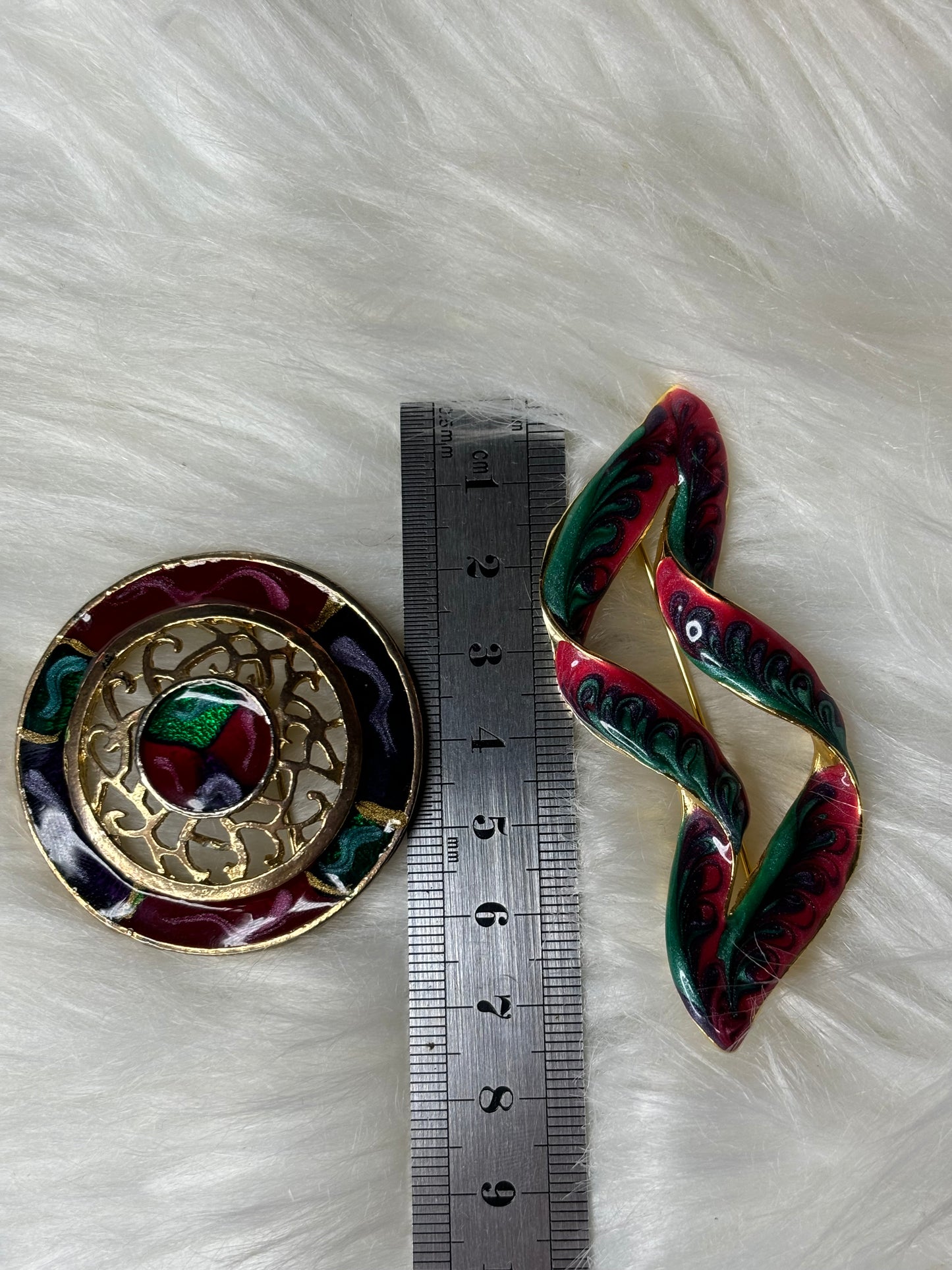 A258 Set of Vintage Enamel Twisted Ribbon Style & Circle Art Brooches Gold Tone