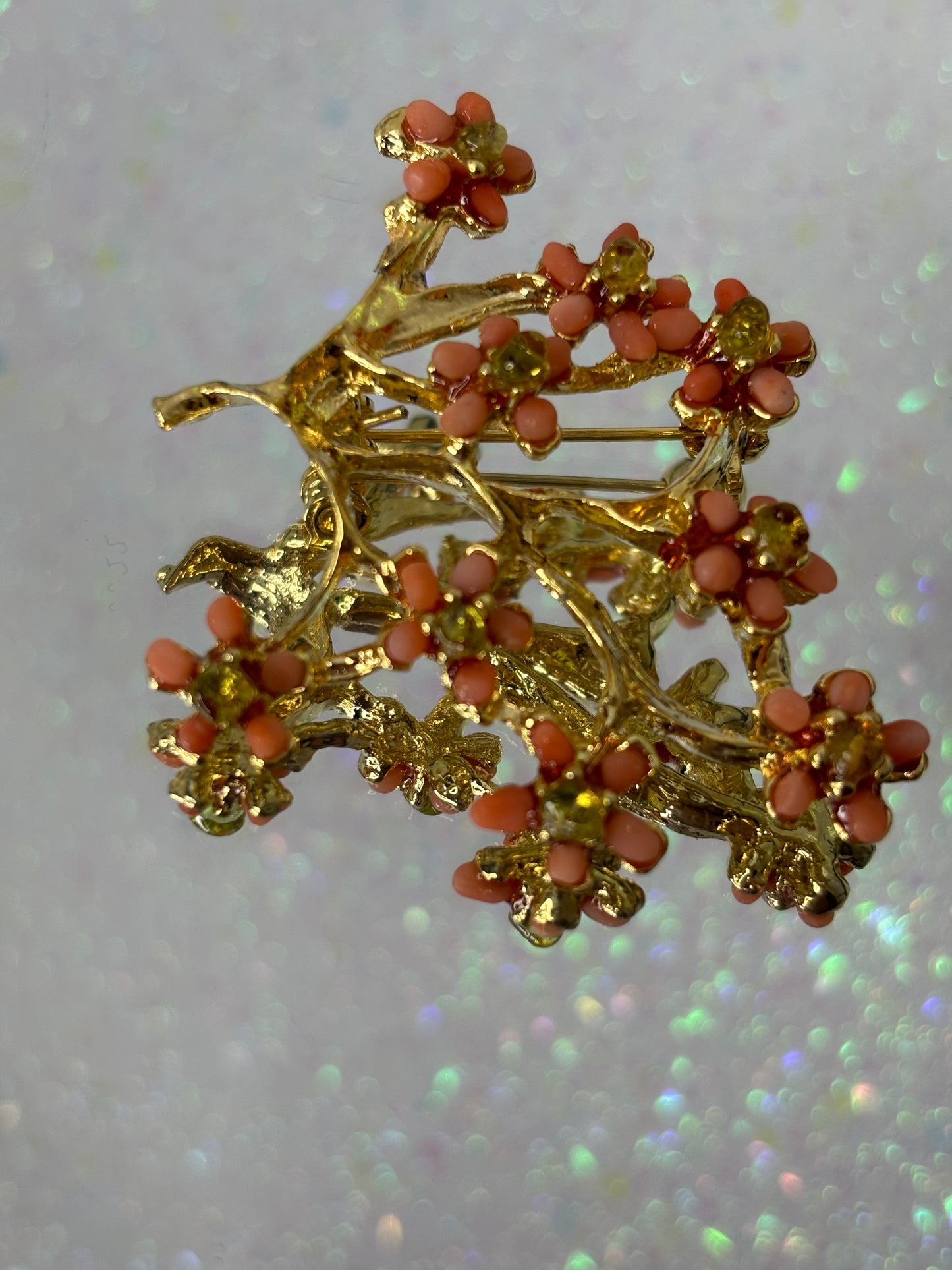 A030 Gold Tone and Peach Flower Brooch Pin