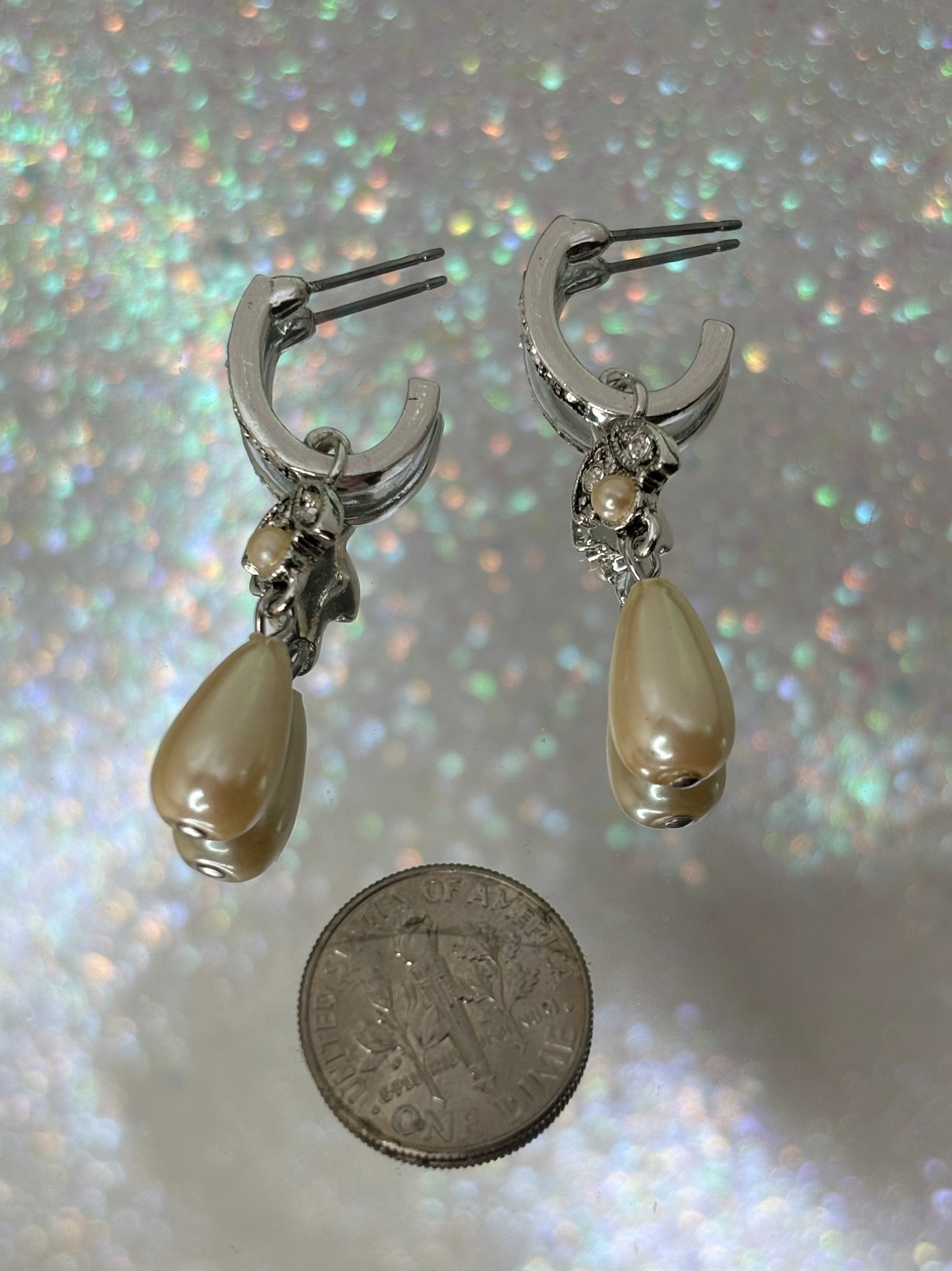 A009 Pearl Drop Silver Toned Earrings 2”