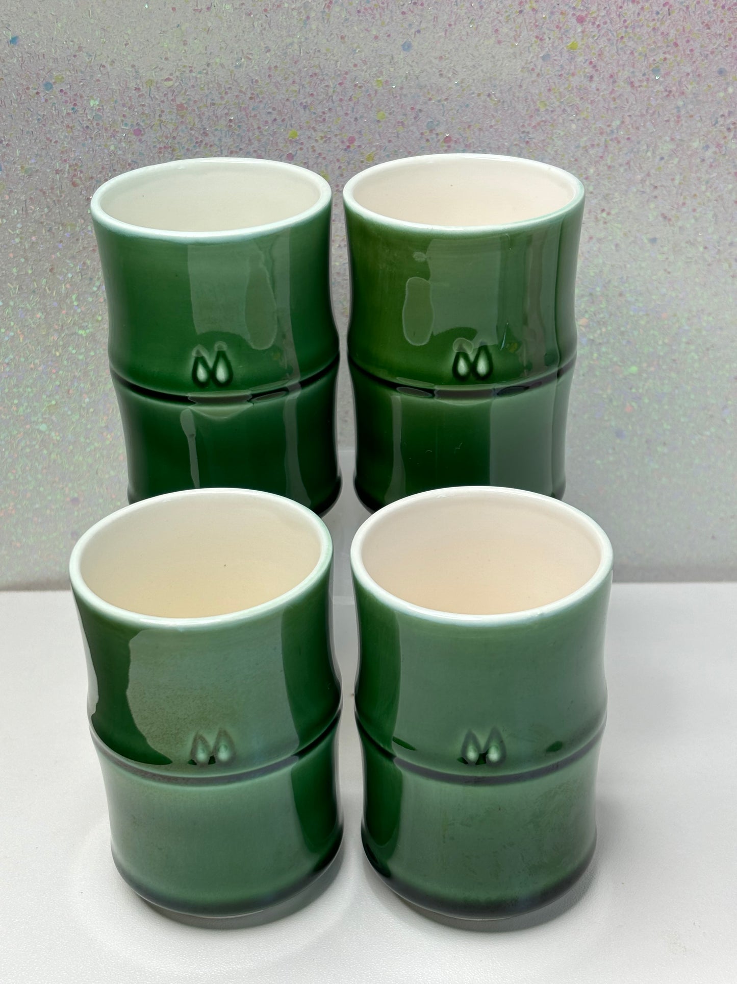 A015 Set of Four Japanese Ceramic Yunomi Teacup Vintage Pottery Bamboo Green