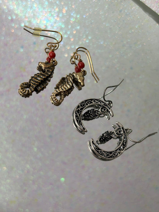 A044 Set of Two Dangle Seahorse and Owl Earrings