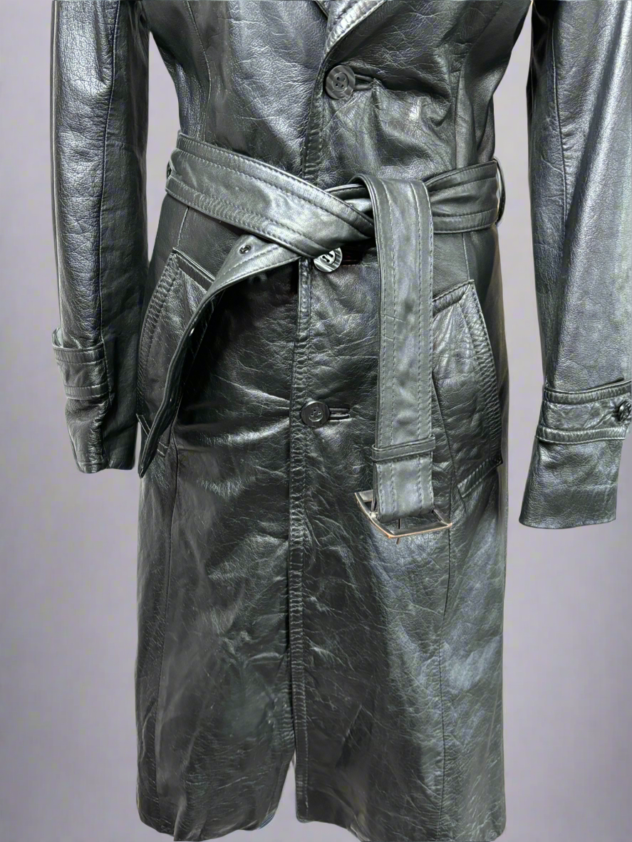 1980s Imperial Black Genuine Leather Trench Coat - Made in Korea, XS