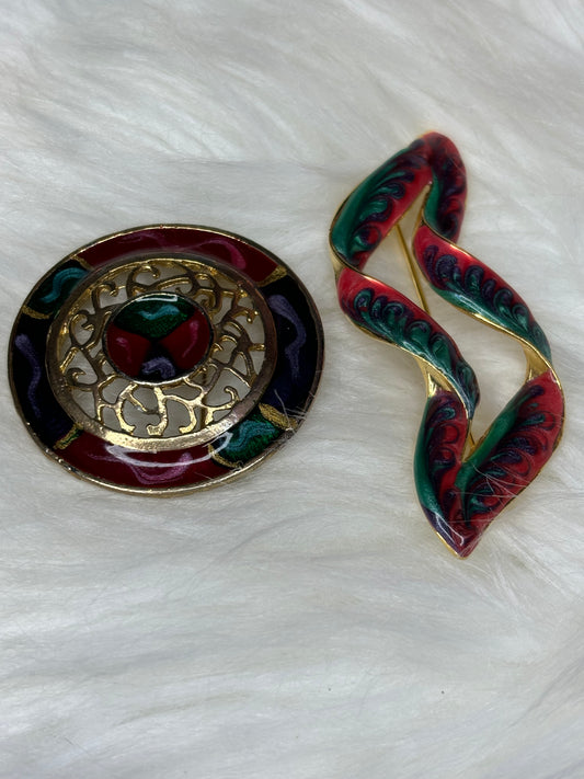 A258 Set of Vintage Enamel Twisted Ribbon Style & Circle Art Brooches Gold Tone