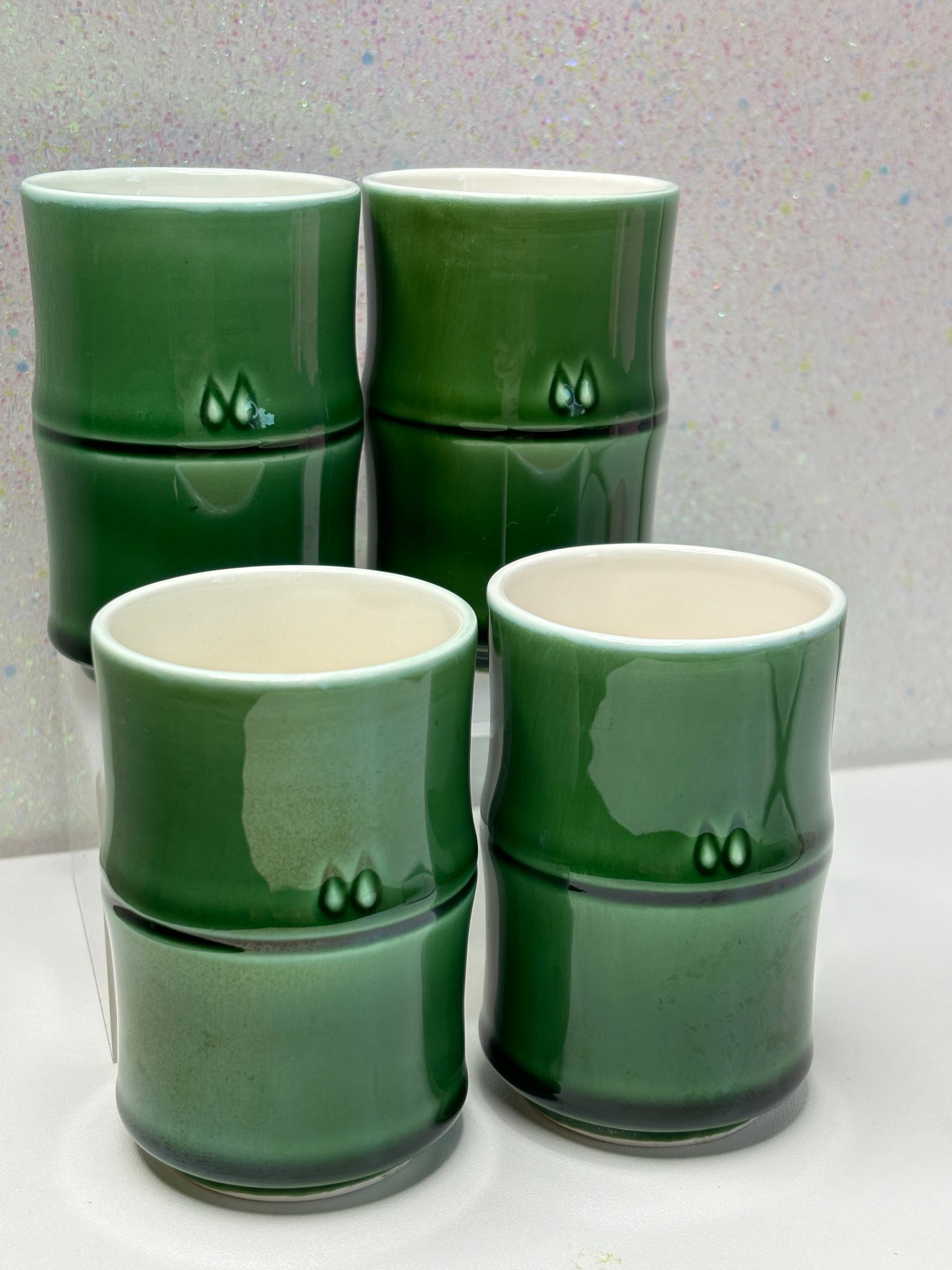 A015 Set of Four Japanese Ceramic Yunomi Teacup Vintage Pottery Bamboo Green