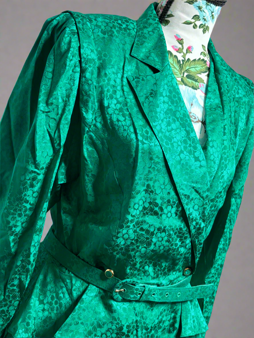 C008 80's Vintage 3pc Bright Green Silk Skirt Suit with Matching Belt by Argenti Size 12