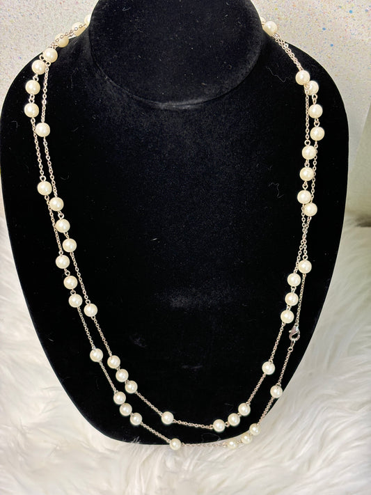 #0117 31” Silver Toned Faux Pearl Necklace