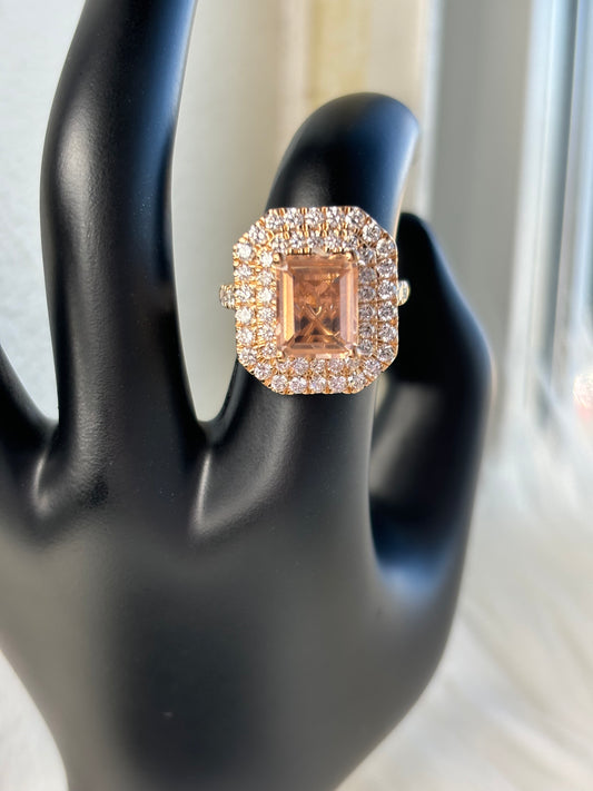 Emerald Cut 4.65 ct Lab Morganite & Diamond Ring Sterling Silver With 14k Rose Gold Overlay Sz 6.75