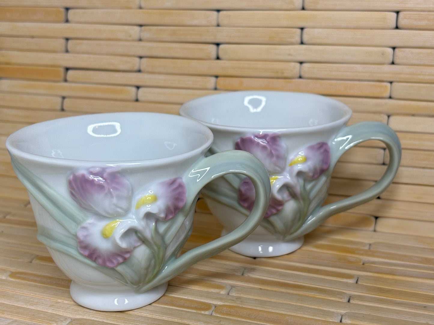 Set of Persian Cat with Iris Flower Tea Cups Ceramic